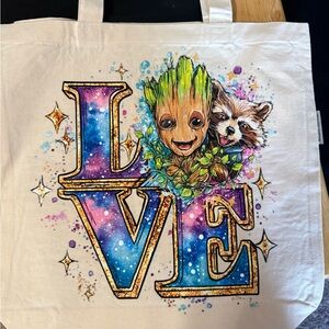 White Canvas Tote with LOVE Groot & Rocket Graphic